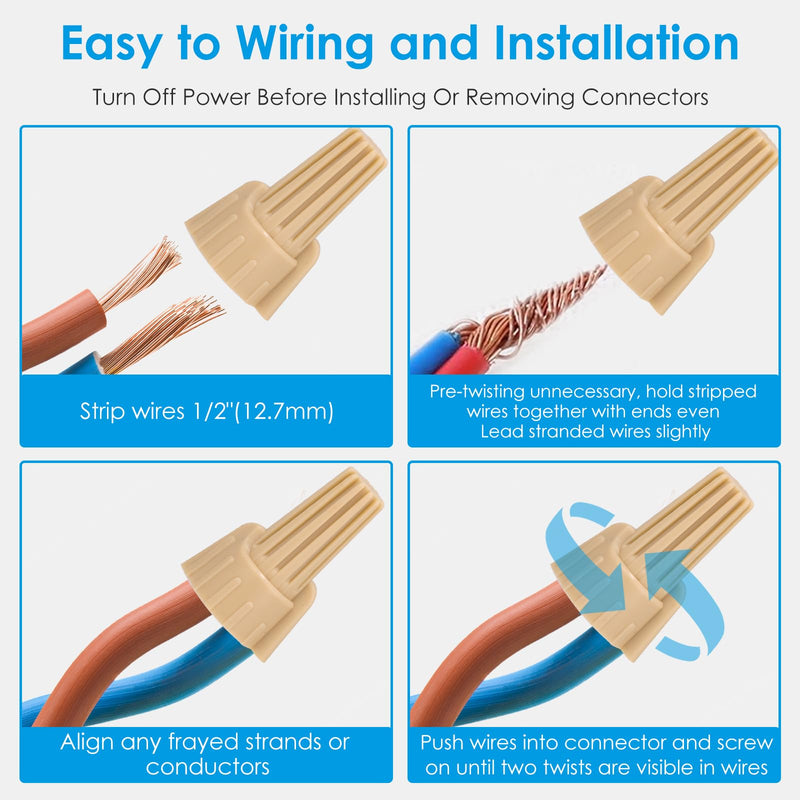 100 PCS Tan Winged Wire Nuts 12 Gauge for AWG 22-8, Easy Twist-on Screw on Ribbed Cap for Quick Connection, Insulated Insertion Electrical Wire Nuts with Metal Spring (100, P12 Tan) 100
