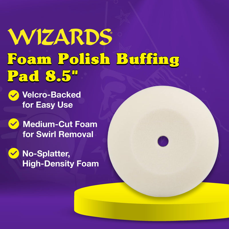 Wizards Foam Polish Buffing Pad - Velcro Backed, Medium Cutting Foam Pad for Car Detailing - ‎No Splatter High Density Foam for Auto Detailing Supplies - 8½" x 1¼" Foam Polish Buff Pad