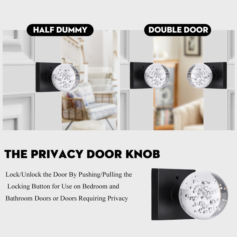 Glass Crystal Door Knobs Interior with Lock, Round Clear Bubble Ball Modern Classic Matte Black Privacy Door Knobs for Bedroom Bathroom