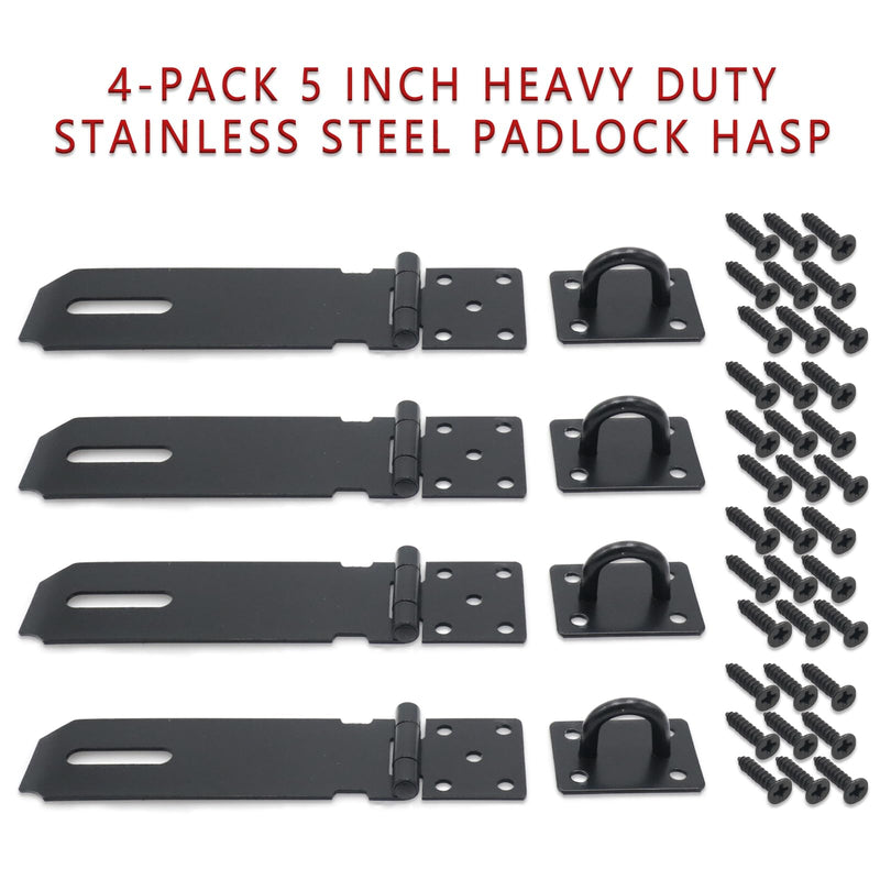 4-Pack 5 Inch Heavy Duty Stainless Steel Padlock Hasp, Black Door Lock Hasp Latch, Security Gate Lock Latches with Screws, Ideal for Outdoor Gates, Sheds, Cabinets, and Drawers 5Inch Black
