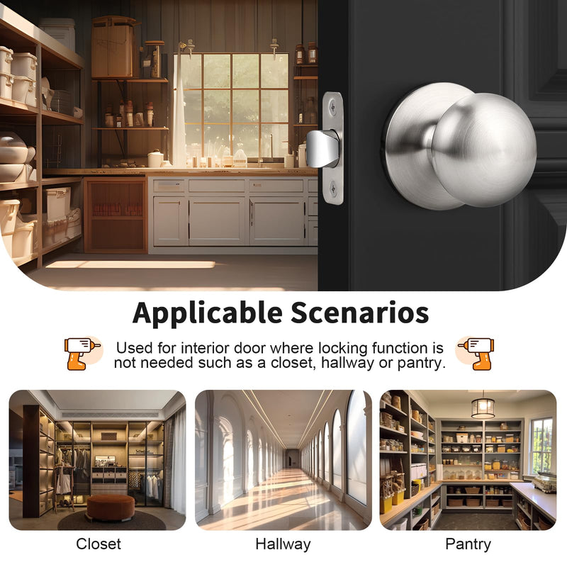 Probrico Door Knobs Interior, Passage 2 Pack, Brushed Nickel Interior Door Handles Keyless, Round Ball Knob for French Closet Hallway, Universible Lever, Solid Adjustable Latch