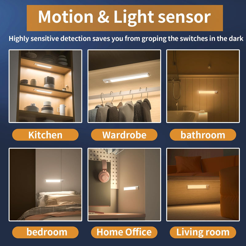 Under Cabinet Lights,76 LED Operated Motion Sensor Light Indoor,1500mAh USB Rechargeable Closet Lights, 2 Pack Magnetic Dimmable Closet Lights，Wireless Under Counter Lights for Kitchen, Stairs 2Pack-9.5inch