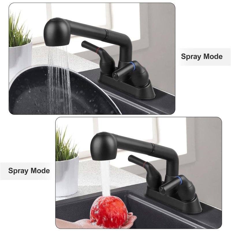 Utility Sink Faucet, Laundry Room Faucet with Pull Out Sprayer, Laundry Tub ABS Plastic Faucet, 4 Inch Centerset 3 Holes Installation Non-Metallic, Matte Black
