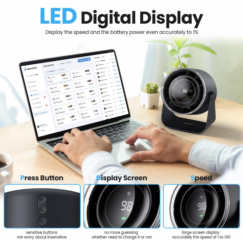 WSKEN Desk Fan with Battery Operated, Quiet Digital Display Portable Fan for Office, Bedroom, Kitchen, Home, Outdoor, 100 Speeds 115° Tilt Small Travel Camping Table Fan,Bluish Black Bluish Black