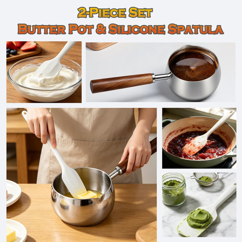 316 Stainless Steel Butter Warmer Pot with Silicone Spatula - 17oz Saucepan for Melting Butter, Heating Milk, Warming Sauces, Seafood & Chocolate