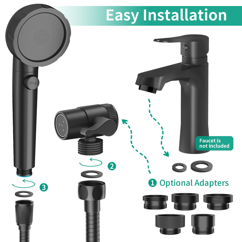 Sink Hose Sprayer Attachment for Faucet, 3 Mode Shower Head Attaches to Tub Faucet with 5 Adapters, High Pressure Shower Head for Bathtub, Handheld Showerhead with Filter (Black) Black