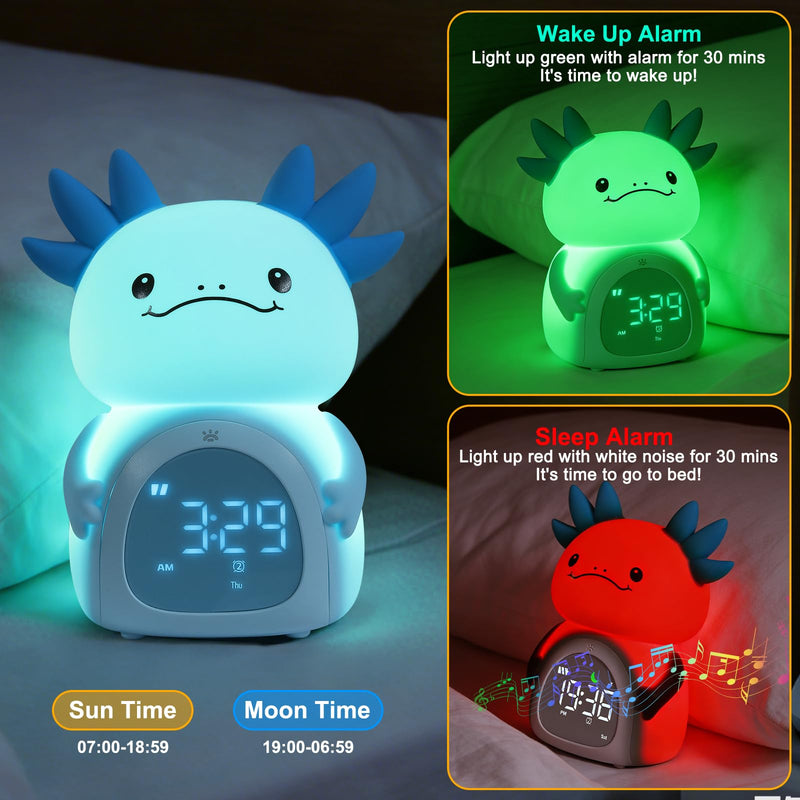 Axolotl Alarm Clock for Kids, Rechargeable Ok to Wake Clock with Night Light - BPA-Free Silicone Sleep Training Clock, Cute Toddler Wake Up Clock for Boys Girls Bedroom Blue Axolotl