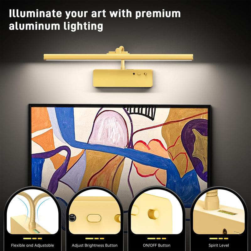 Picture Light, 15.35inch Wireless Rechargeable 5400mAh Battery Wall Light for Paintings, Picture Lights with Remote, 3 Color Modes and Dimmable Lights for Display, Gallery, Artwork(Gold) Gold