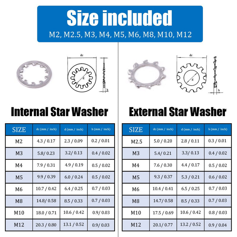 Hilitchi 400-Pcs [8-Size] 304 Stainless Steel External Internal Tooth Star Lock Washers Assortment Kit - Included: M2 M3 M4 M5 M6 M8 M10 M12 Internal + External