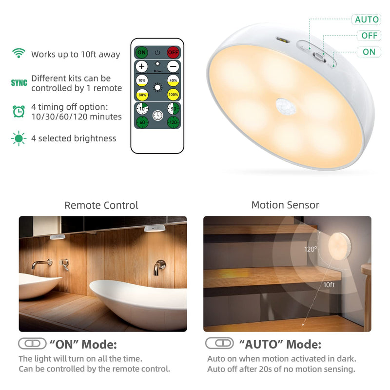 Warm Color LED Closet Lights Wireless Motion Sensor Puck Light, USB Rechargeable Battery Operated Puck Lights with Remote, Dimmable Under Cabinet Counter Lighting for Wardrobe Kitchen (6 Pack) Warm White 6 Pack