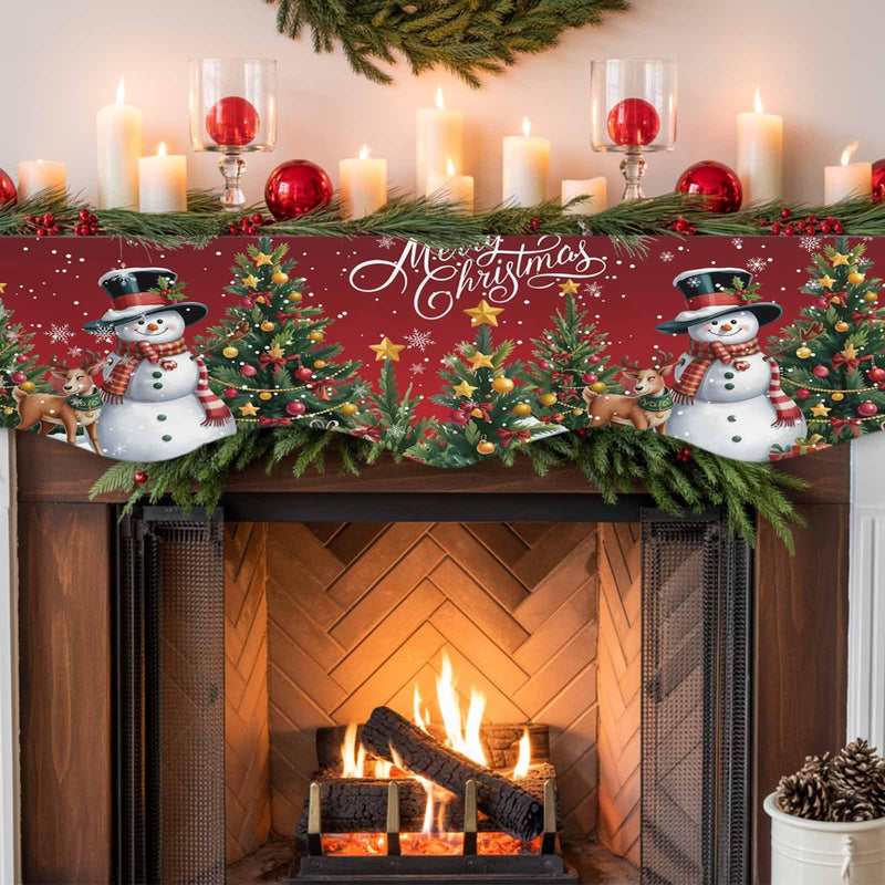 DecorLovee Dark Red Christmas Mantle Scarf 90x17 Inch, Xmas Snowman Fireplace Christmas Decorations Cover Runner, Tree Elk Snowflake Christmas Mantel Decorations Xmas Mantel Scarves 90 x 17 Inches