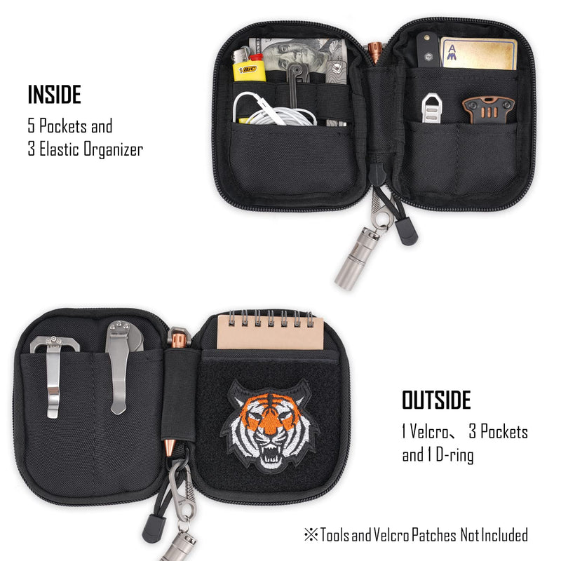 EDC Pouch, Pocket Organizer, Mighty Pouch for Men, EDC Bags with Patches, Small Tool Pouch with D-Ring, Elastic Organizers Utility Pouch for Multitools, Nylon Compact Organizer black
