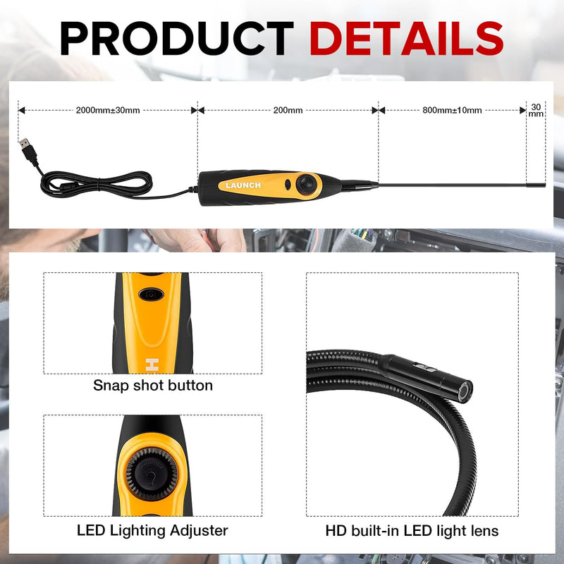 LAUNCH VSP-600 HD Endoscope, 5.5mm Ultra-Thin Borescope Camera | Multi-Angle Imaging, One-Click Snapshot, IP67 Waterproof, Built-in LED Light