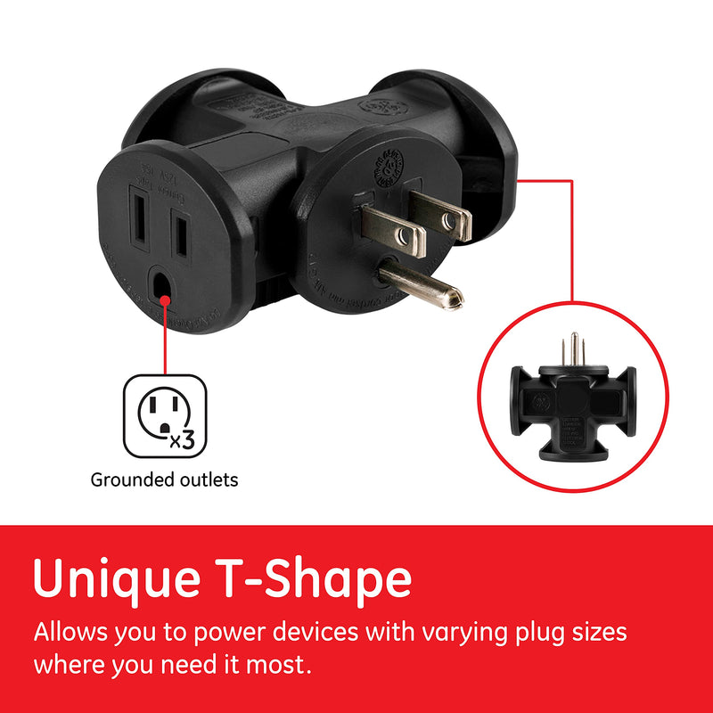 GE 3-Outlet Extender, T-Shaped Adapter Spaced, Outdoor Rated, Grounded Wall Tap, 3-Prong, Multiple Plug, Power Splitter, Cruise Essentials, Use for Home Office School Dorm Garage, Black, 50872