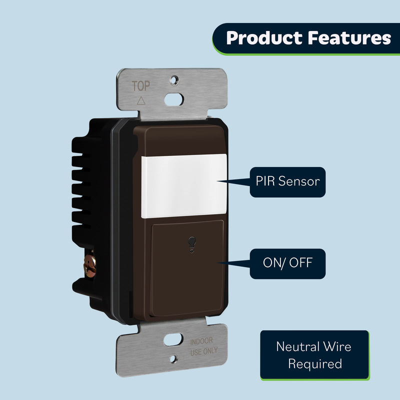 TOPGREENER Motion Sensor Switch, NEUTRAL WIRE REQUIRED, PIR Sensor Light Switch with Ambient Light Level Detector, Occupancy & Vacancy Modes, 150W LED/CFL, Single Pole, TDOS5-M-BR-2PCS, Brown