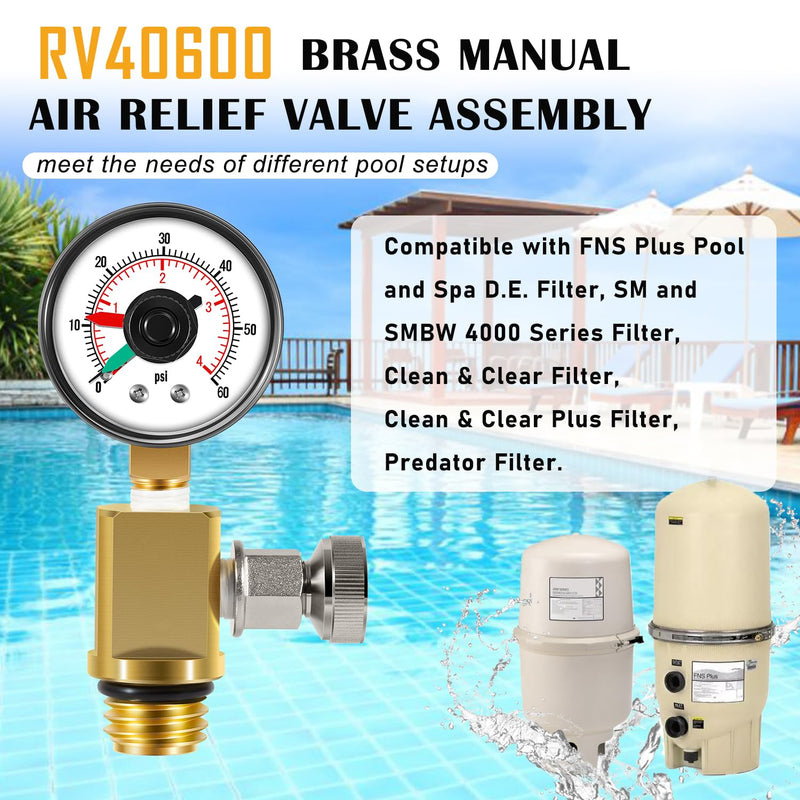 RV40600 98209800 Brass Manual Air Relief Valve Assembly Fit for Pool Filter Systems for FNS, Clean and Clear, Quad DE, 4000 Series Filters
