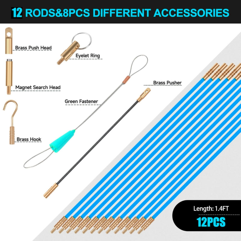 16.8FT Fiberglass Running Electrical Wire Cable Glow Rods Wire Pulling, Fish Rods Electrical Kit with 6 Different Attachments and Fish Tape Wire Puller Kit (16, Blue) 16.8FT