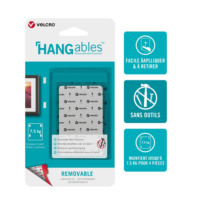 VELCRO Brand HANGables Removable Wall Fasteners | Strong Adhesive Hold, Up to 7.5 kg / 16 ½ lb (per set of 4) | Easy-to-Remove from Wall, Firm Hold to Frame or Mirror | 1 ¾ x 3in strips, 8 sets, White Large Strips