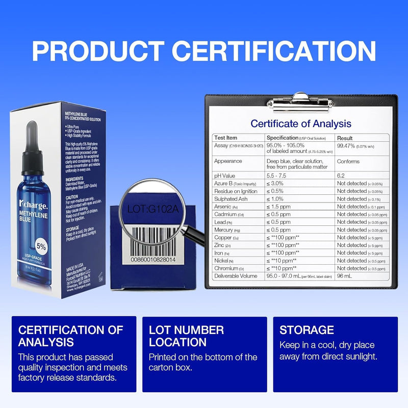 Kcharge 5% Methylene Blue Drops, USP Grade Liquid, 95ml / 3.21 fl oz | 5% methylene blue drops, USP grade liquid solution, COA-verified batch testing, amber glass bottle, precision dropper
