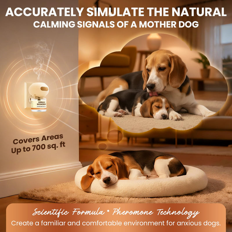 Dog Pheromones Calming Diffuser to Calm Dogs 4 IN 1 Kit (2 Diffusers+2 Refills) Pheromone Plug In for Stress Barking Pee Accidents Chewing Aggression Separation Anxiety Relief 60 Days(Odorless) Odorless