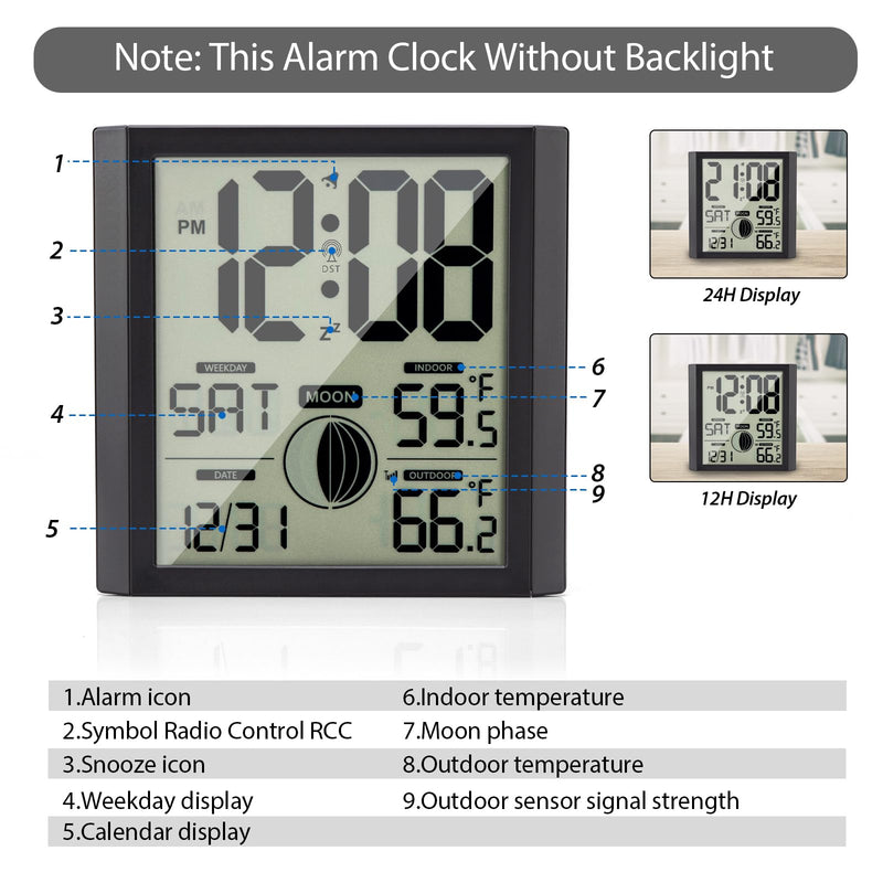 Atomic Wall Clock with Indoor/outdoor Temp Large Number Display Silent Battery Operated Alarm Analog Digital Clocks for Bedroom Dementia Seniors Desk Living Room Office Bathroom Kitchen Shower Black