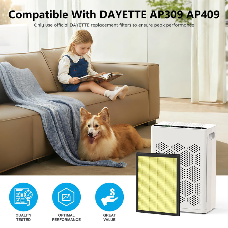 DAYETTE H14 Replacement Filter Compatible AP309/409 Air Purifiers, 4-in-1 H14 Grade True HEPA High-Efficiency Activated Carbon for Pet Dander Odor, 2 Pack Ap309 Ap409 Pet Dander Filter-2 Pack