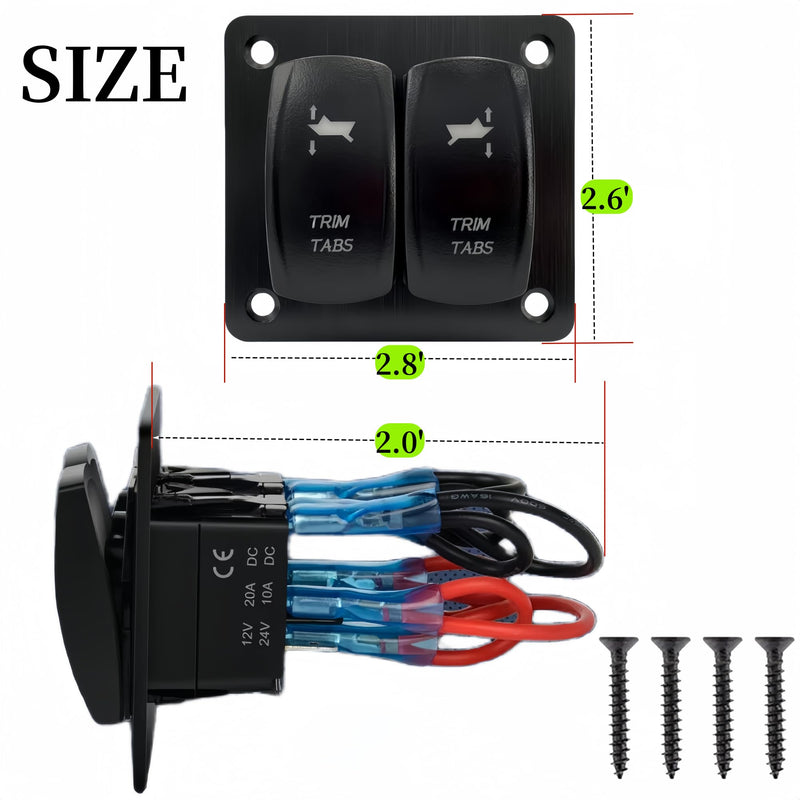 Trim Tabs Rocker Switch Panel 12V/20A 24V/10A 7 Pin DPDT 3 Position (ON)-Off-(ON) Boat Waterproof Trim Switch, 2 Gang Momentary/Latching Toggle Switch Panel for Marine Console (Momentary, Blue)