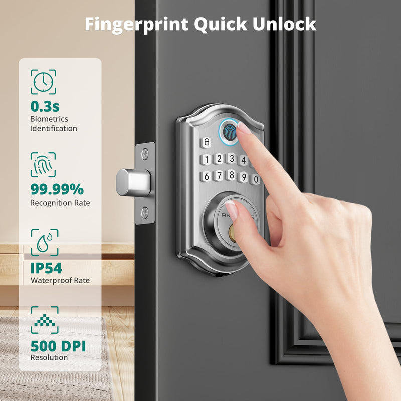 DS10 Pro Keyless Entry Door Lock with APP Control - Fingerprint Electronic Keypad Door Lock, Smart Locks for Front Door, Auto-Lock & One Touch Locking with Bluetooth - Satin Nickel