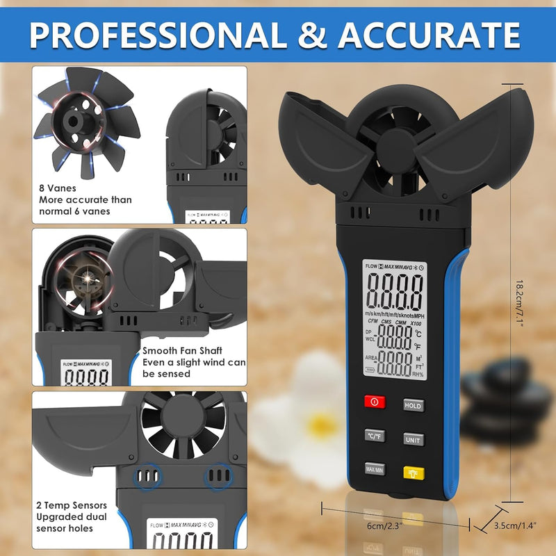 HoldPeak Handheld Anemometer, Digital Wind Speed Meter with Large LCD Display, Vane Cover, 270º Rotatable Detector Portable Anemometer for HVAC Outdoor Sailing Shooting Golf, Weather Monitoring