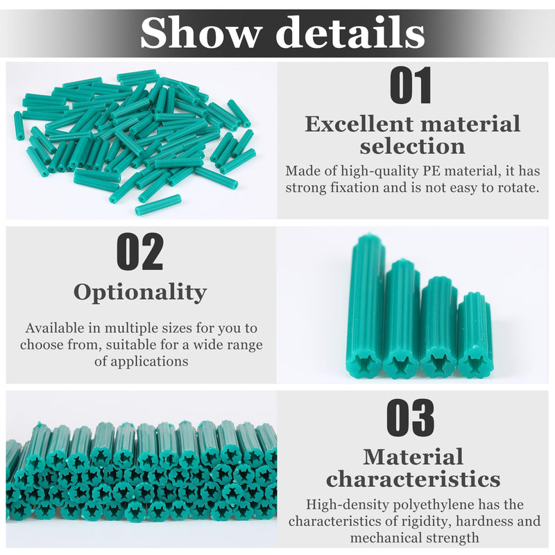 200 Pcs Expanding Plastic Screw Anchors 1/4" Hole Green Plastic Anchors for Concrete Tile Cement Bolt Expansion Tube for #10,11,12 Screws, Fix to Wall Drywall or Other Surface(1") 1"