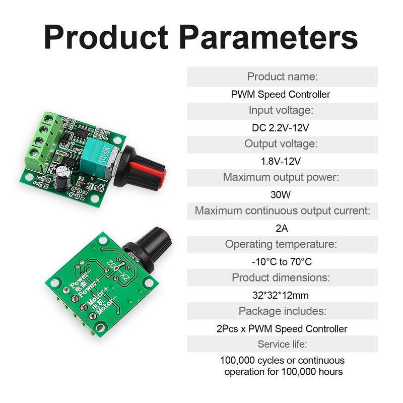 2Pack PWM Speed Controller Adjustable Driver Switch Low Voltage DC Motor Speed Controller with Speed Control Knob 1.8v 3v 5v 6v 12v 2A 30W