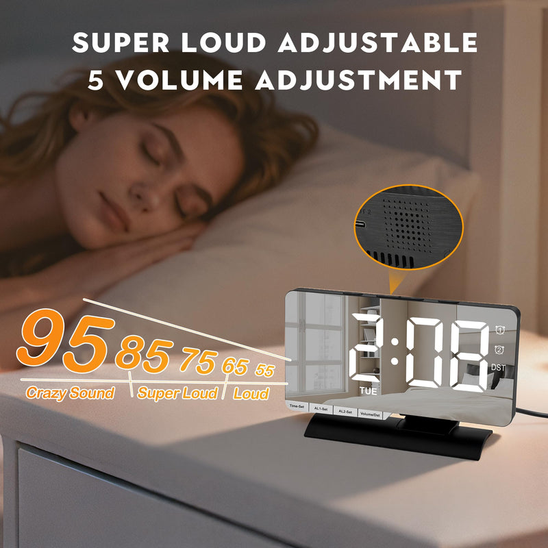 SZELAM Digital Clock,Alarm Clock Bedside,7.3'' Large LED Mirror with Date Display,Dual Alarm with 3 Mode,Brightnee Adjust,DST,Snooze Function,USB C Charging Port,5 Levels Volume for Desk Bedroom Teens Black