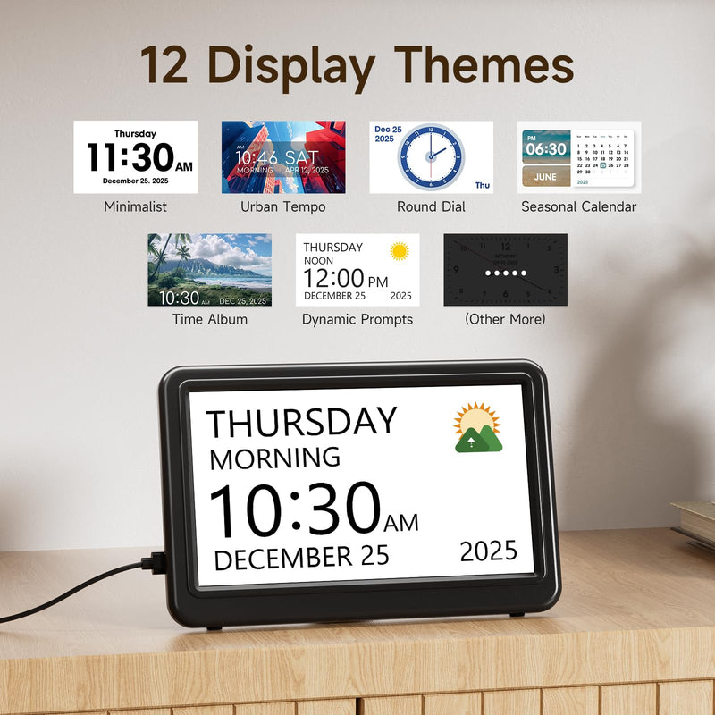 Raynic Date Clock, Digital Clock with 12 Themes, 20 Alarms, 20 Reminders, Semi-Automatic Dimming, 12/24 Hours, Auto DST Clock for Seniors Desktop, Office, Students (Black, 7 Inches) Black