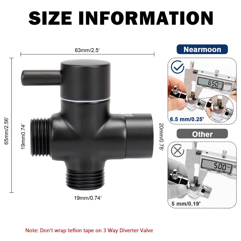 NearMoon Solid Brass G1/2" Shower Arm All Metal Universal 3-Way Diverter Valve for Handheld and Fixed Head, Replacement Component Adapter (Matte Black) Matte Black