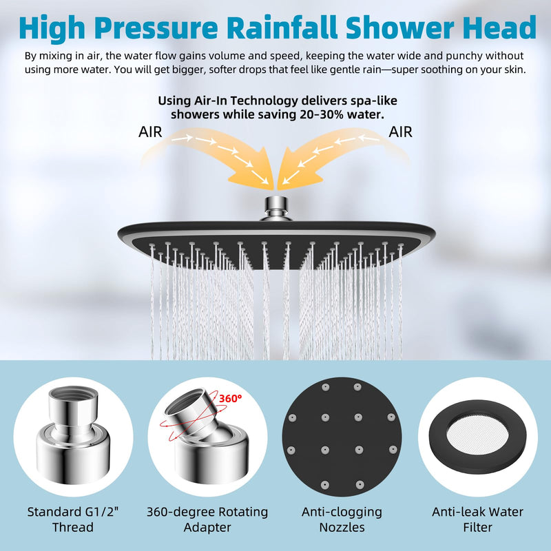 Rain Shower Head with 12" Shower Head Extension Arm, 10" High Pressure Boosting Rainfall/Fixed Showerhead, Metal Shower Head Extender Adjustable Height/Angle, 1-Min Installation, Easy Clean, Chrome Square 10"