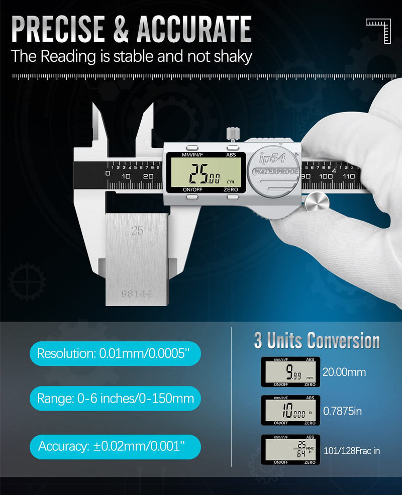 Digital Caliper 6 Inch, (ABS) Absolute Scale Caliper, IP54 Caliper Measuring Tool, Inch/MM/Fraction, Auto-Off LCD Stainless Steel Waterproof Micrometer Vernier Caliper, with Feeler Gauges ABS ABS-150mm