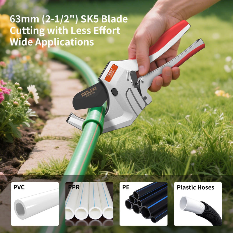DELIXI PVC Pipe Cutter, 2-1/2" (63mm) Pipe Cutter with SK5 Blade, Aluminum Alloy Heavy-Duty Ratcheting Pipe Cutter Tool for PVC Pipe, PPR, PEX, Plastic Hoses & Plumbing Pipes