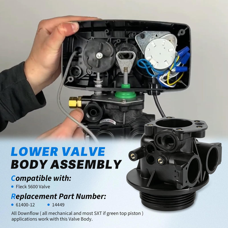 61400-12 Downflow Valve Body Assembly 1 inch Dist. Compatible with Pentair Fleck 5600 Water Softener Valve,Replacement Old Part Number 14449 Lower Valve Body