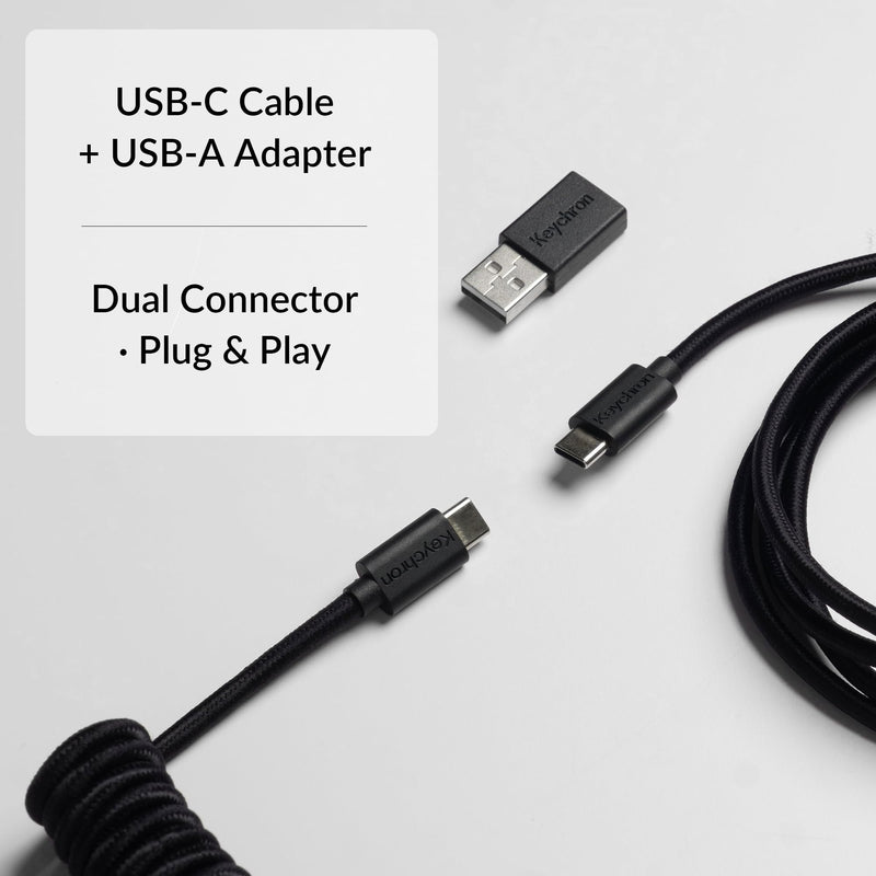 Keychron Custom Coiled USB-C Cable with 5-Pin (GX12) Detachable Aviator Connector, USB-A Adapter, Braided Durable Cable for 8KHz Mechanical Keyboards, 176 cm / 5.77 ft, Charging & Data Transfer, Black