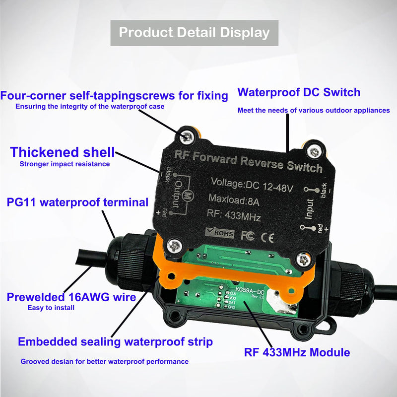 Forward Reverse Switch,DC12V-48V Waterproof Linear Actuator Remote Control Switch, Wireless DC Motor Switch with 8A Relay,164ft Range for Linear Actuator,Winch Solenoid Relay Contactor.