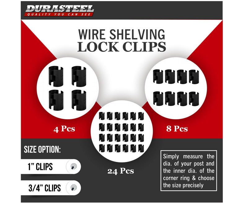 DuraSteel Wire Shelving Shelf Lock Clips / Shelving Sleeves - Fits with Thunder Group, Alera, Honey Can Do, Eagle, Regency, Metro and more - For 3/4" Post, Plastic, Black, Pack of 8 Pcs 3/4 Inch