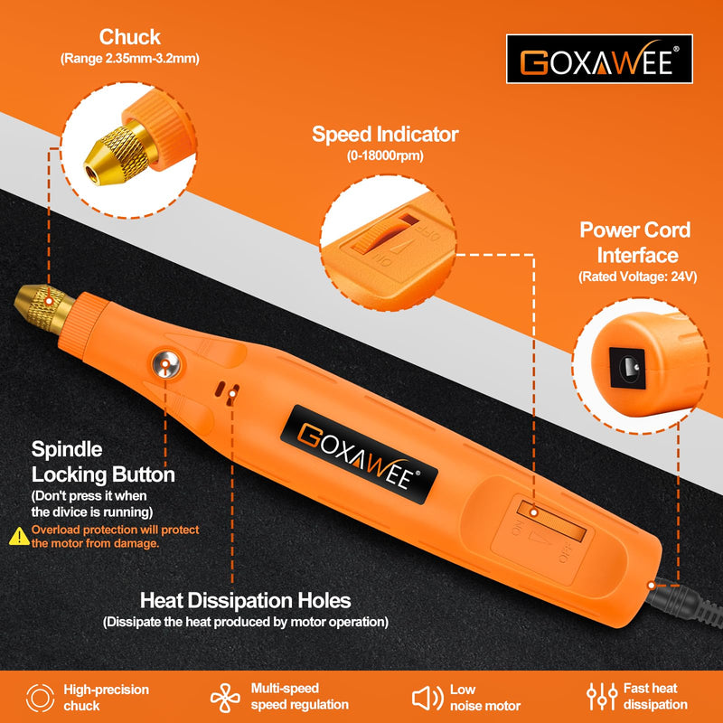 Corded Rotary Tool Kit for Crafts, GOXAWEE Mini Power Tool with Cord, 105pcs Accessories 18000rpm Multi-Purpose Small Grinder Drill Set for Sanding, Polishing, Drilling, Etching, Engraving, DIY Crafts Vibrant Orange