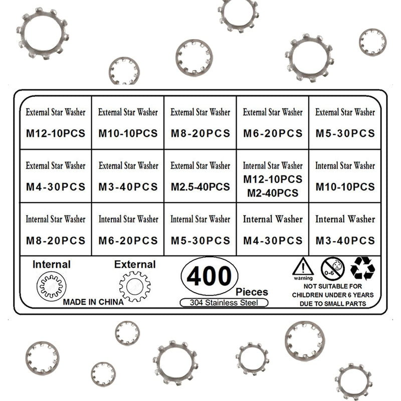 400 Pcs External Internal Tooth Star Lock Washers Assortment Kit, 304 Stainless Steel External & Internal Serrated Lock Washer Assortment Set-Size Included: M2 M2.5 M3 M4 M5 M6 M8 M10 M12