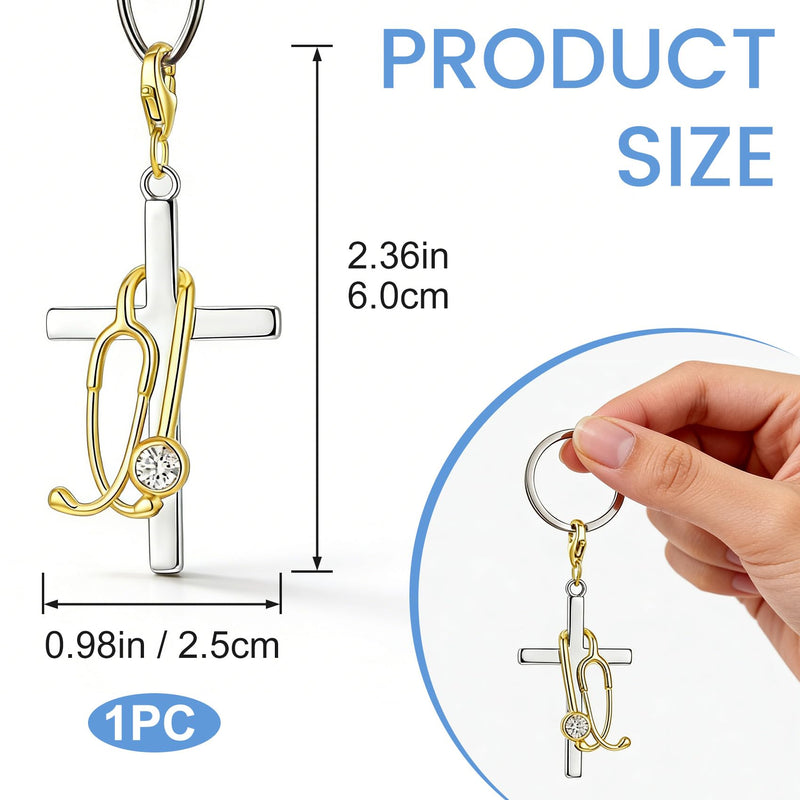 Cross Stethoscope Charm, Stainless Steel Cross Badge Reel Buddy Stethoscope Charm with Rhinestone, ID Holder Clip Badge Holders Reel Accessories for Nurse Doctor Keychains- Gold