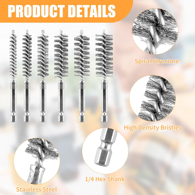 6Pieces Wire Brush Drill Bore Cleaning Brush Set,with 1/4 Inch Hex Shank Stainless Steel Wire Twisted Brush for Drill Impact Driver 6