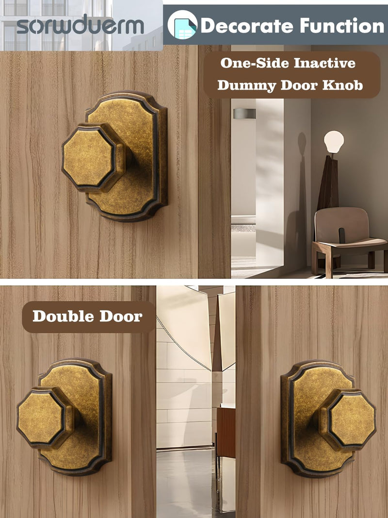 2 Pack Dummy Antique Brass Door Knobs Interior Dummy Door Handle Single Sided Decorative,Zinc Alloy 2