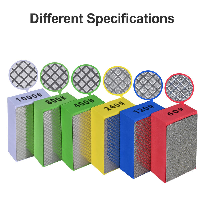 6pcs Diamond Hand Polishing Pads Foam Backing Sanding Blocks, Diamond Polishing Pads for Ceramic Tile Glass Wood Marble Grinding, Diamond Sanding Pads 60#,120#,240#,400#,800#,1000# 6PCS