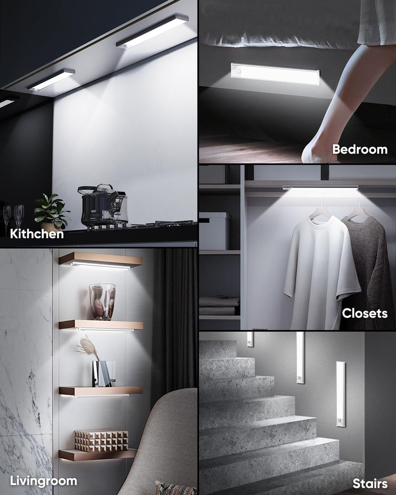 Under Cabinet Lighting, LED Battery Operated Rechargeable Motion Sensor Night Lights Indoor, 2200mAh Magnetic Wireless Closet Lights, 6500K Dimmable Under Counter Lights for Kitchen, Stair, 3 Packs 10inch - 3pack