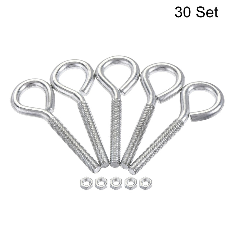 uxcell M4x30mm Eye Hooks Screws Bolts Kit, 30pcs Carbon Steel Hanger Eyelet Hooks Screw with Hex Nuts for Metal Hook, Wood Terminal Ring Hooks