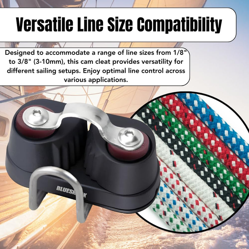BLUESHARK Nylon Sailing Cam Cleat with Wire and Strap Fairlead 132 | for Line Sizes 1/8" in - 3/8" in (3-10 mm) | 200 lb Safe Working Load 500 lb Breaking Load | Premium Quality 2 Pack